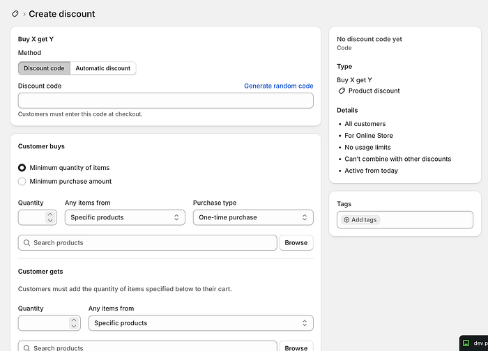 Discount setup page