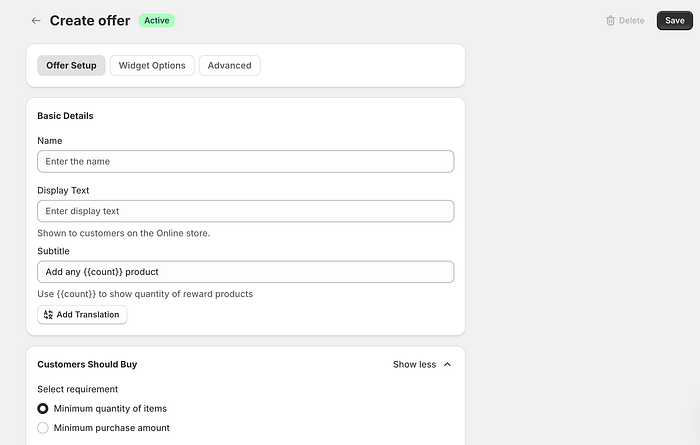 Offer setup page