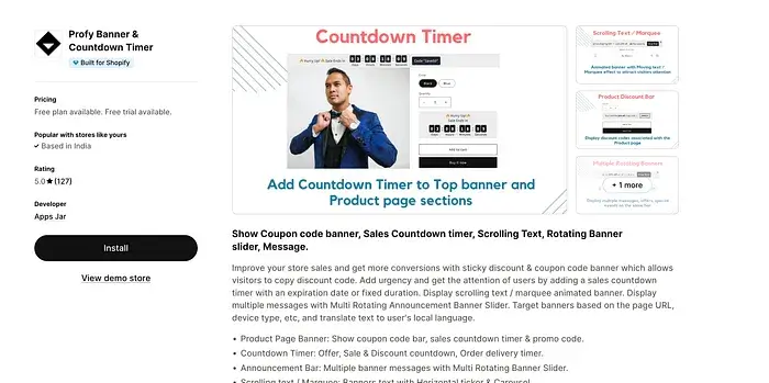Profy Banner and Countdown Timer app page